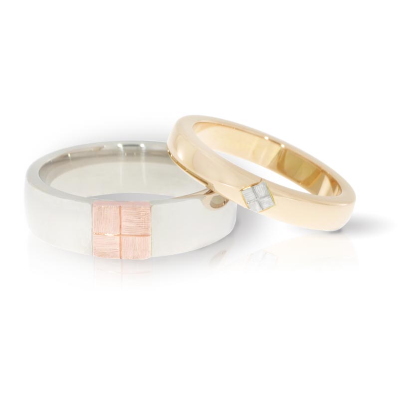 Wedding rings in white red and yellow gold